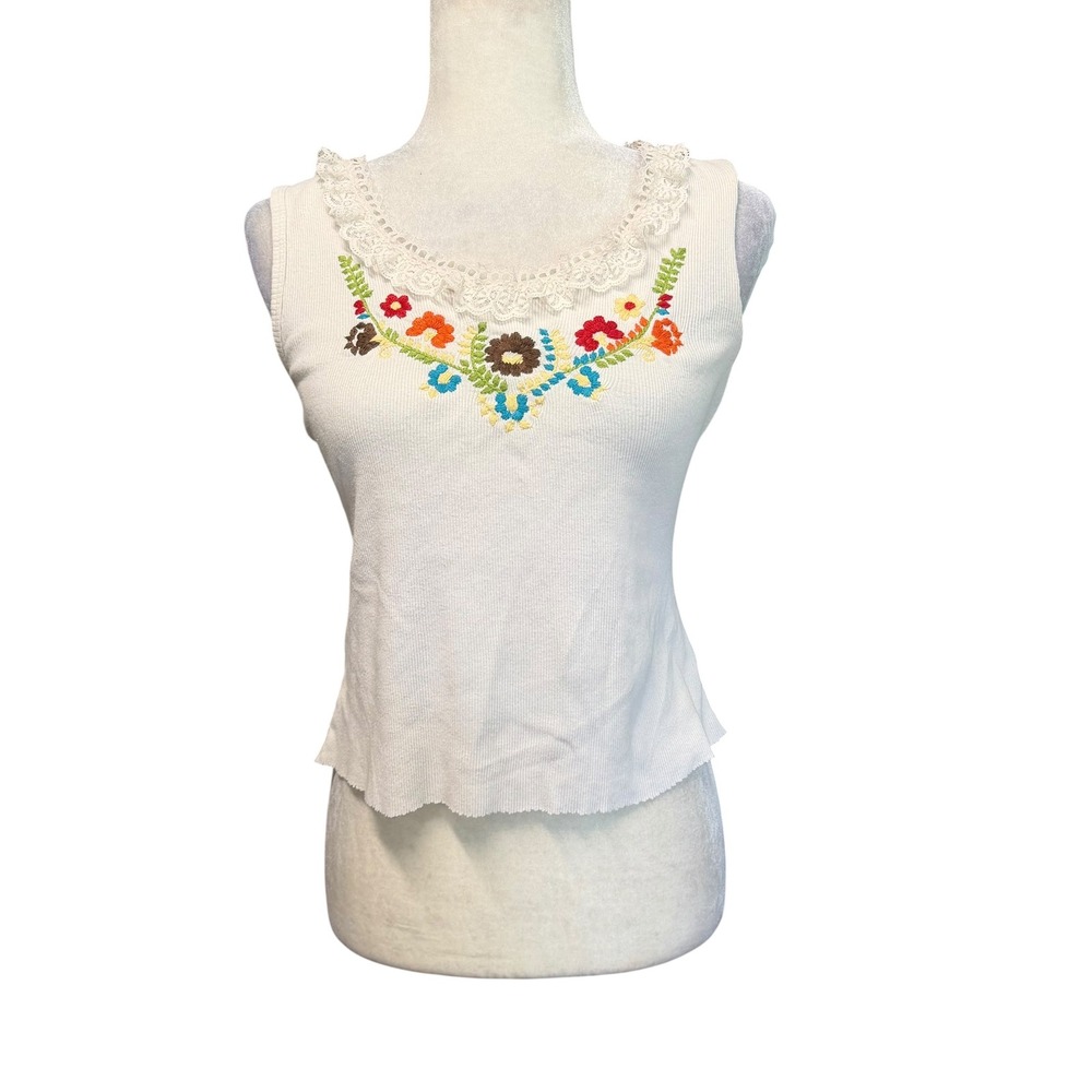 Vtg 90s Y2K Tank Top Womens L Knit Coquette Whimsigoth Fairy Floral Embroidered - Picture 11 of 15